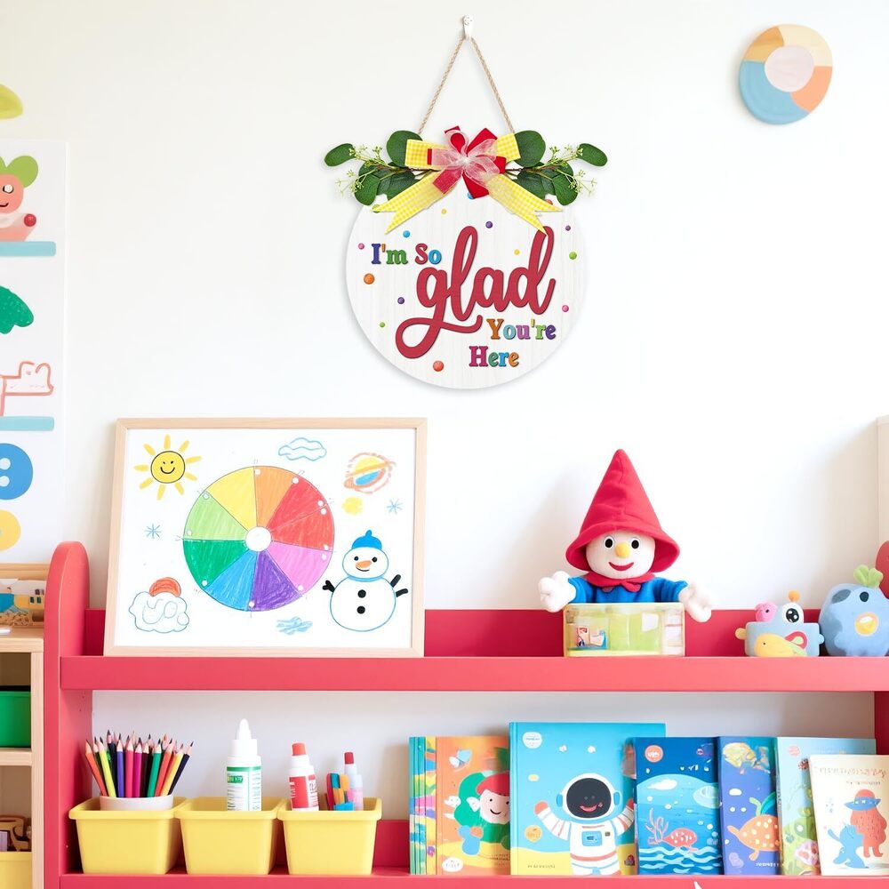 4709 Colorful 3D I'm So Glad You're Here Door Sign12"x12", Wooden Classroom - Picture 2 of 7